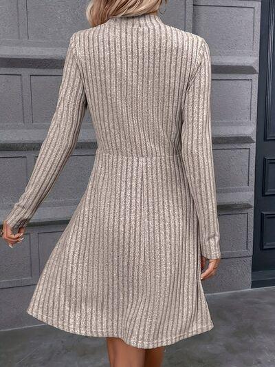 Decorative Button Mock Neck Long Sleeve Sweater Dress - Nicole Lee Apparel