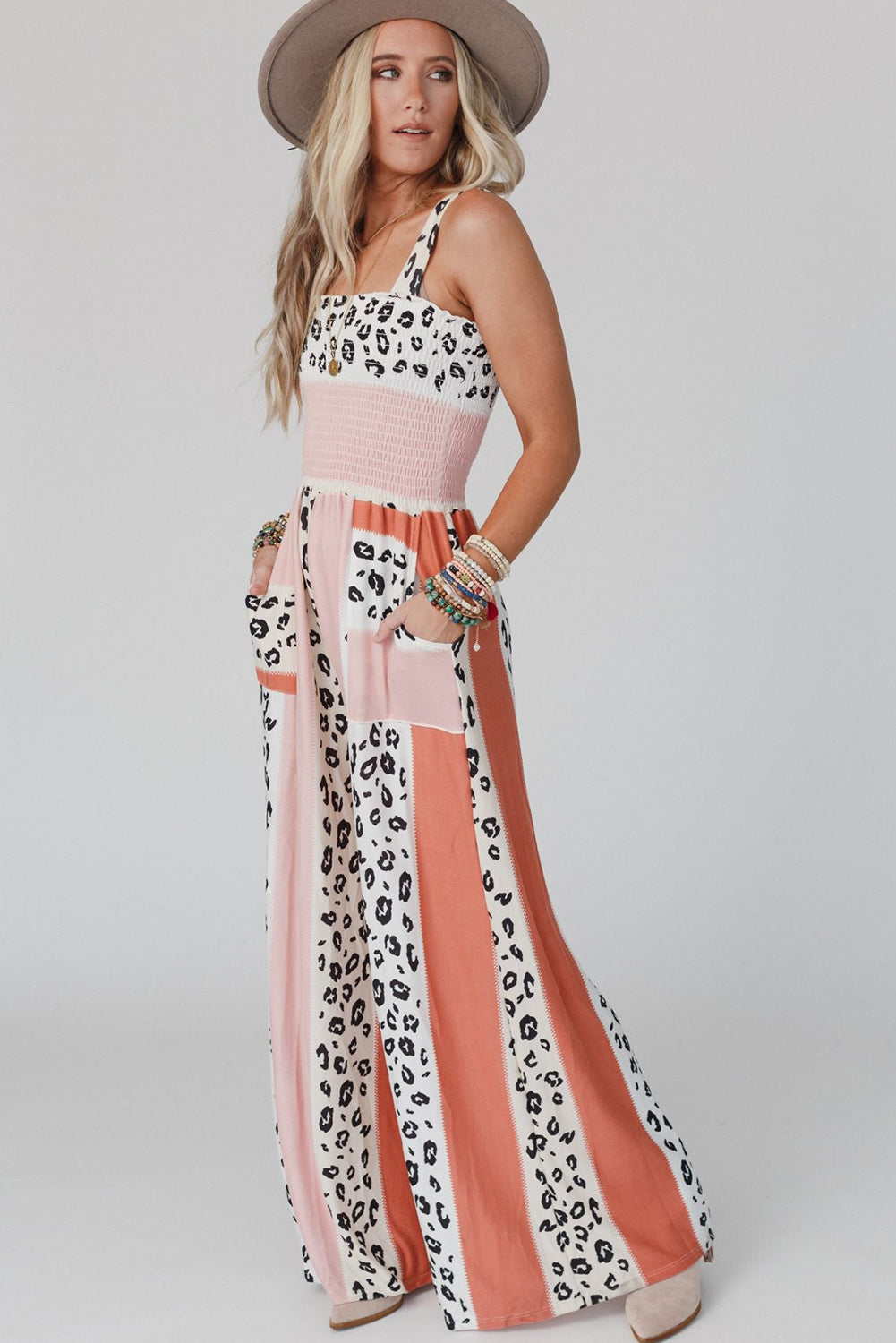 Pink Leopard Color Block Mix Print Pocketed Jumpsuit - Nicole Lee Apparel