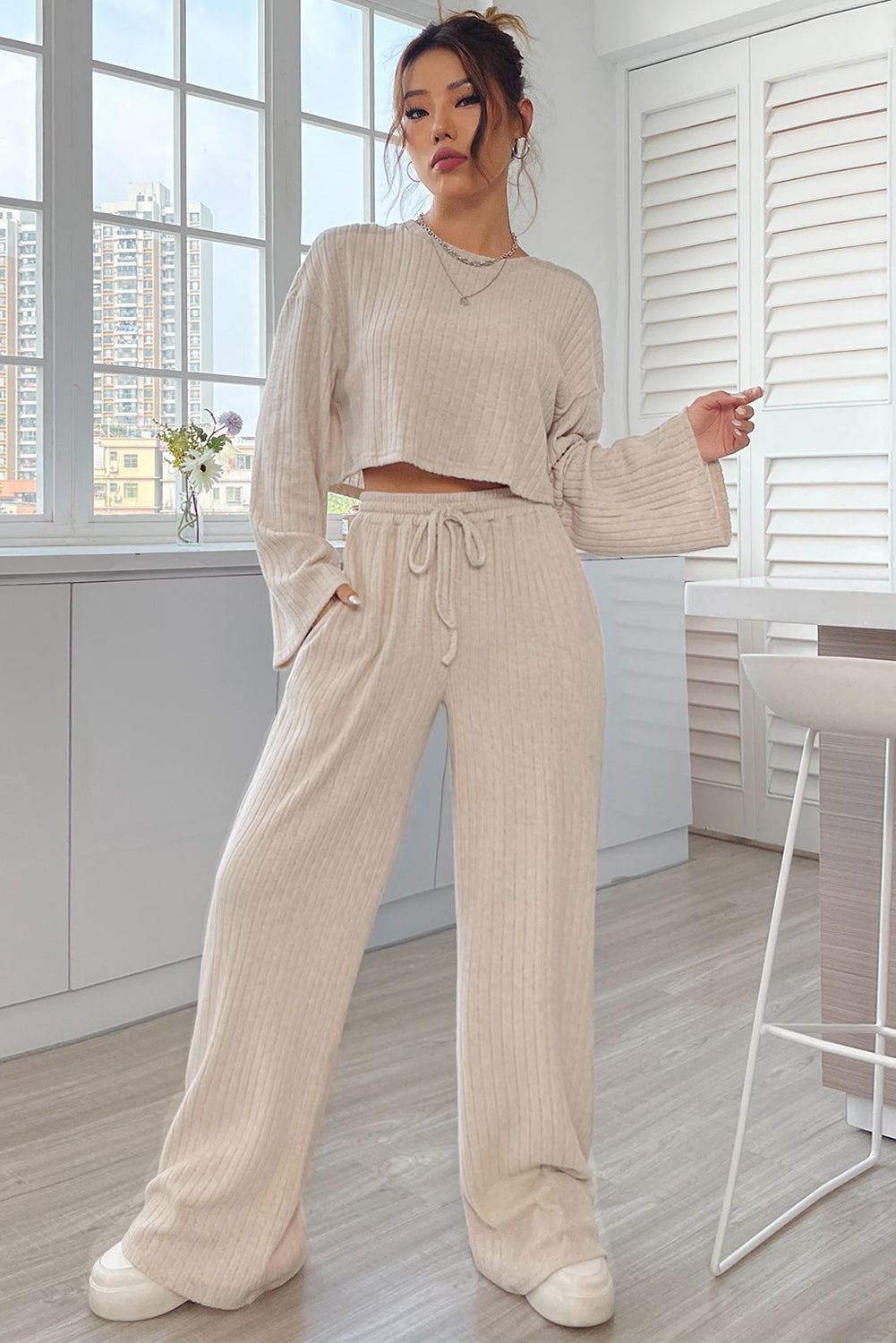 Plain Ribbed Loose Fit Two-Piece Lounge Set - Nicole Lee Apparel