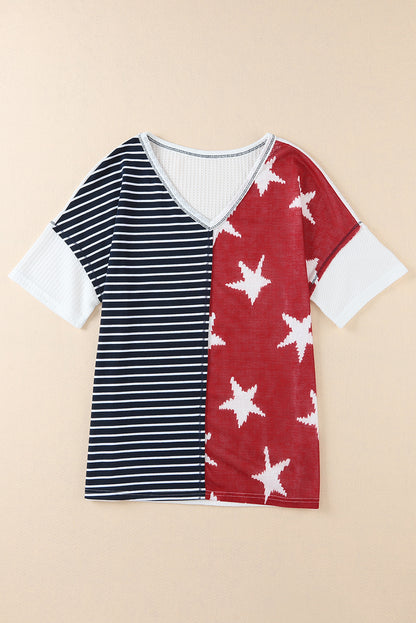 Multicolor Stripes Stars Print Knit Short Sleeves Top - Nicole Lee Apparel