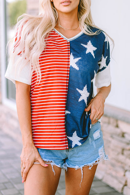 Multicolor Stripes Stars Print Knit Short Sleeves Top - Nicole Lee Apparel