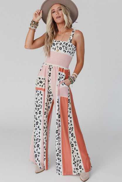 Pink Leopard Color Block Mix Print Pocketed Jumpsuit - Nicole Lee Apparel