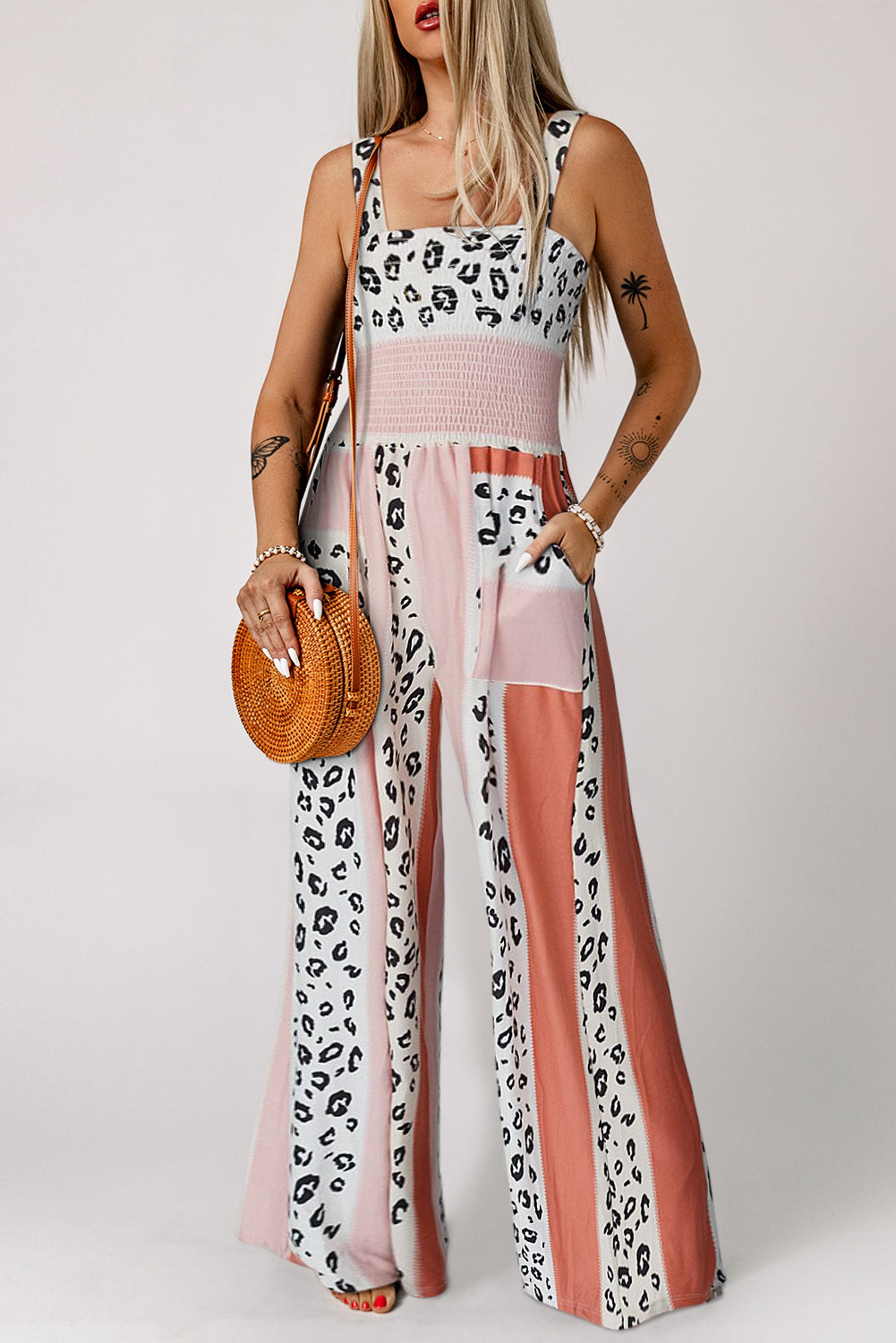 Pink Leopard Color Block Mix Print Pocketed Jumpsuit - Nicole Lee Apparel