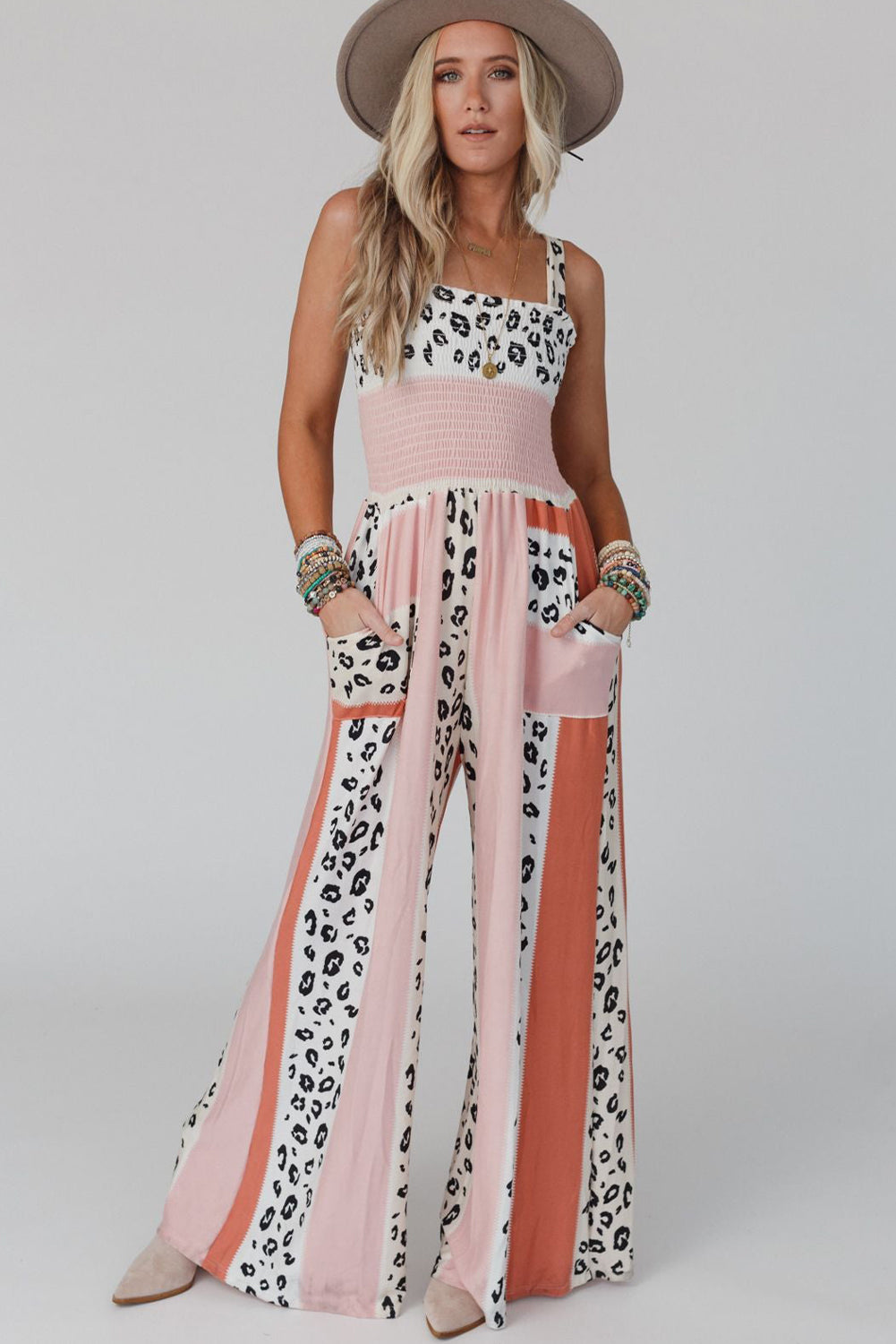 Pink Leopard Color Block Mix Print Pocketed Jumpsuit - Nicole Lee Apparel