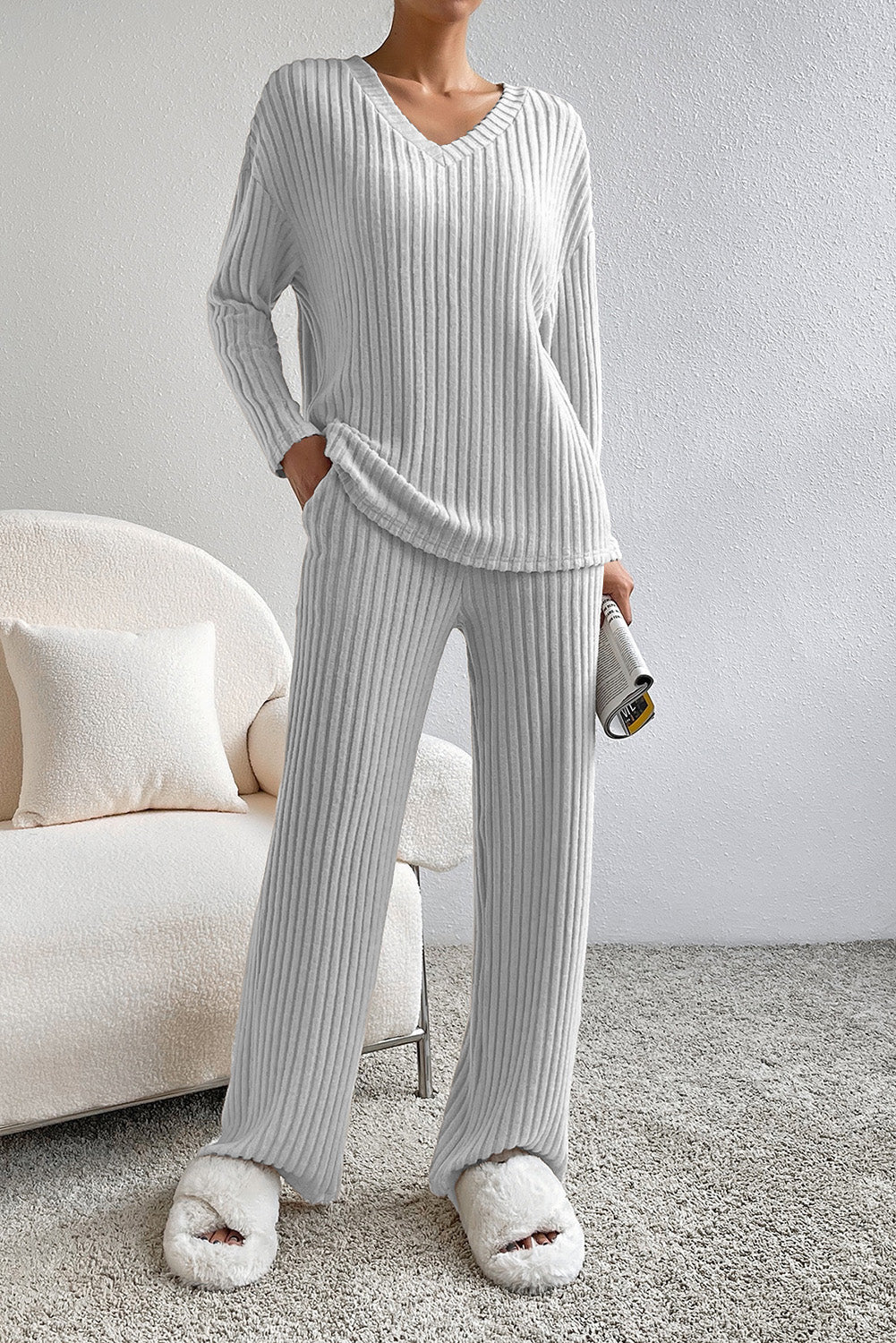 Plain Ribbed Loose Fit Two-Piece Lounge Set - Nicole Lee Apparel