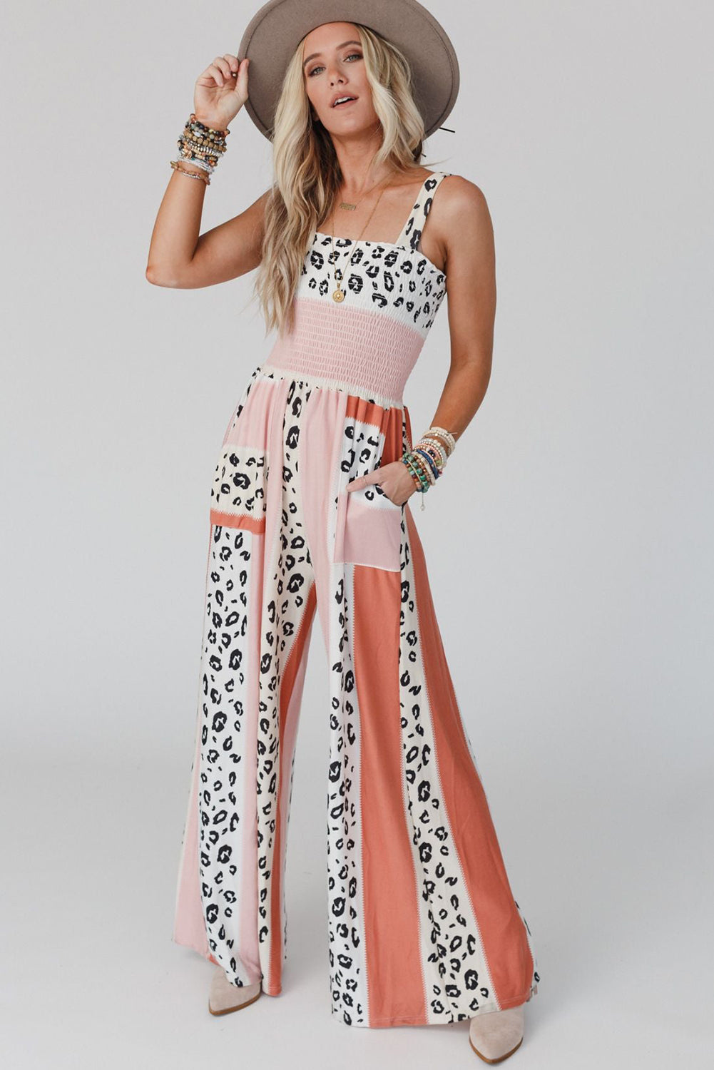 Pink Leopard Color Block Mix Print Pocketed Jumpsuit - Nicole Lee Apparel