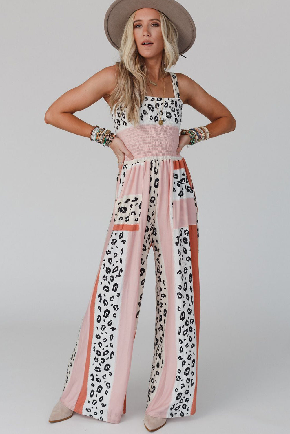 Pink Leopard Color Block Mix Print Pocketed Jumpsuit - Nicole Lee Apparel