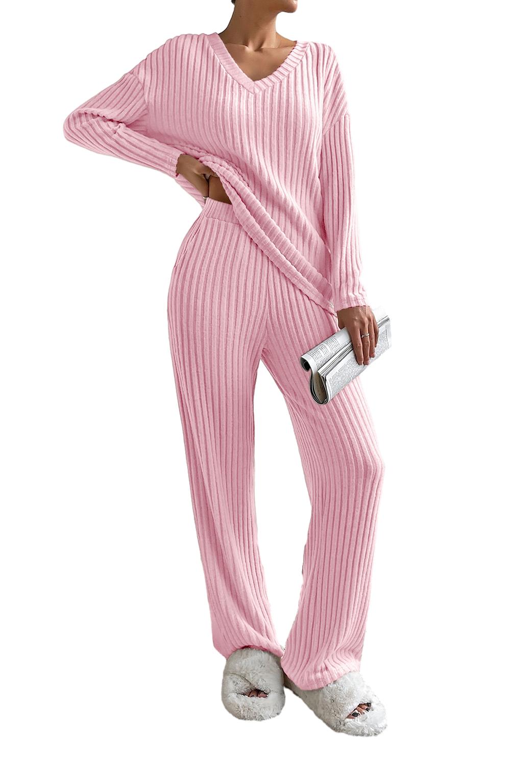 Plain Ribbed Loose Fit Two-Piece Lounge Set - Nicole Lee Apparel