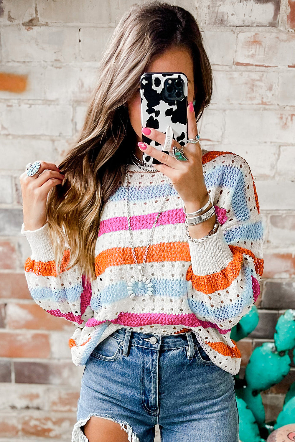 Multicolor Striped Hollowed Knitted Loose Sweater - Nicole Lee Apparel