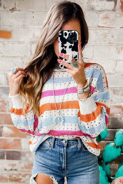 Multicolor Striped Hollowed Knitted Loose Sweater - Nicole Lee Apparel