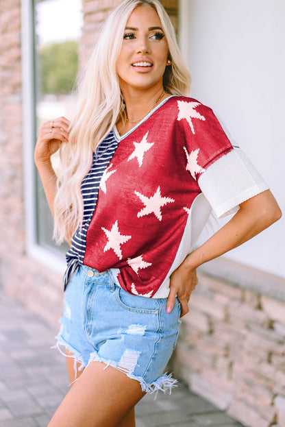 Multicolor Stripes Stars Print Knit Short Sleeves Top - Nicole Lee Apparel