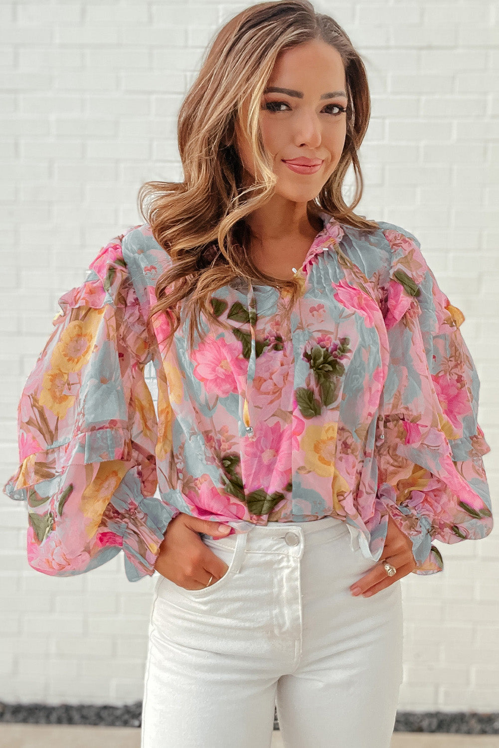 Pink Floral Print Tassel Tie Short Sleeve Blouse - Nicole Lee Apparel