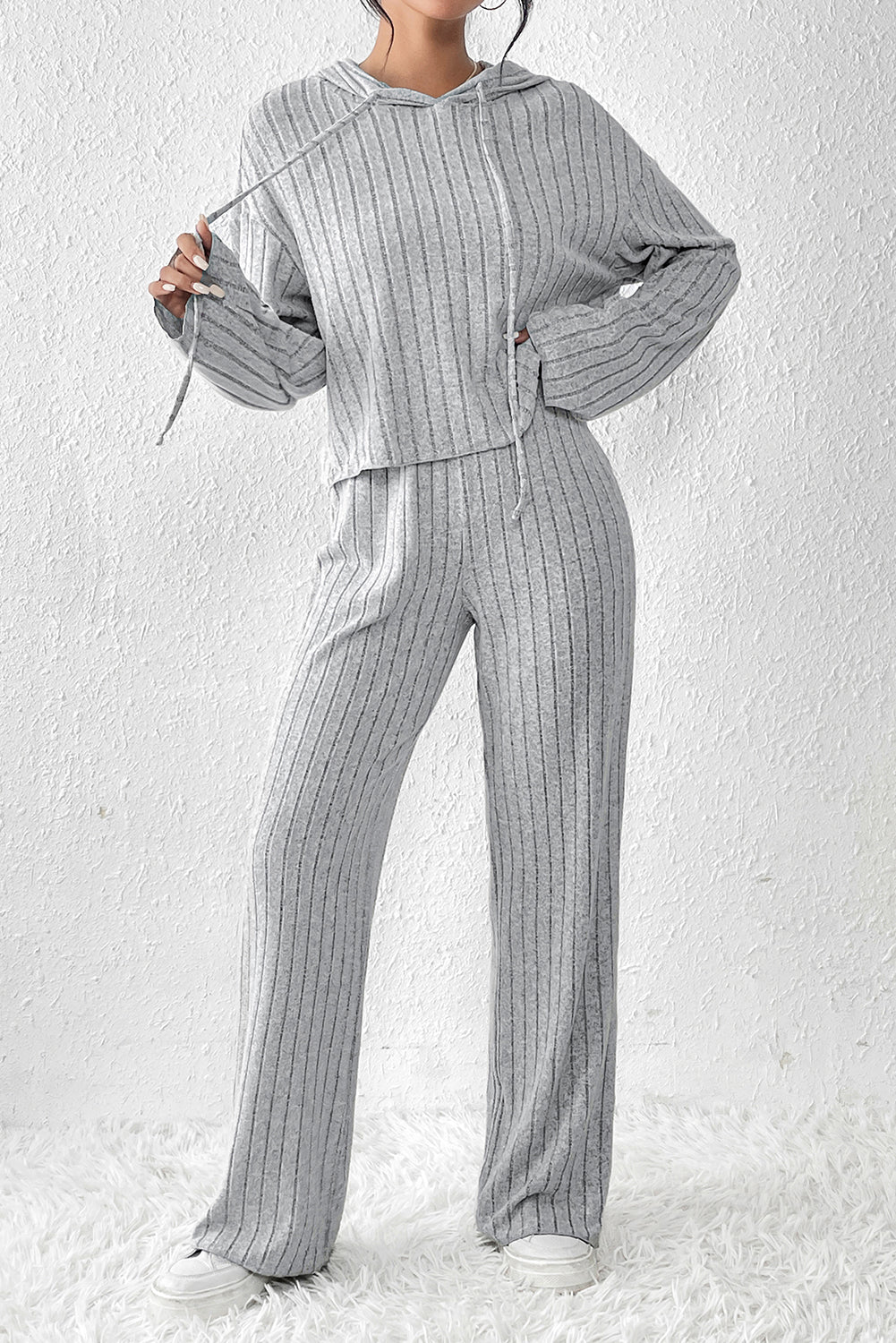 Plain Ribbed Loose Fit Two-Piece Lounge Set - Nicole Lee Apparel