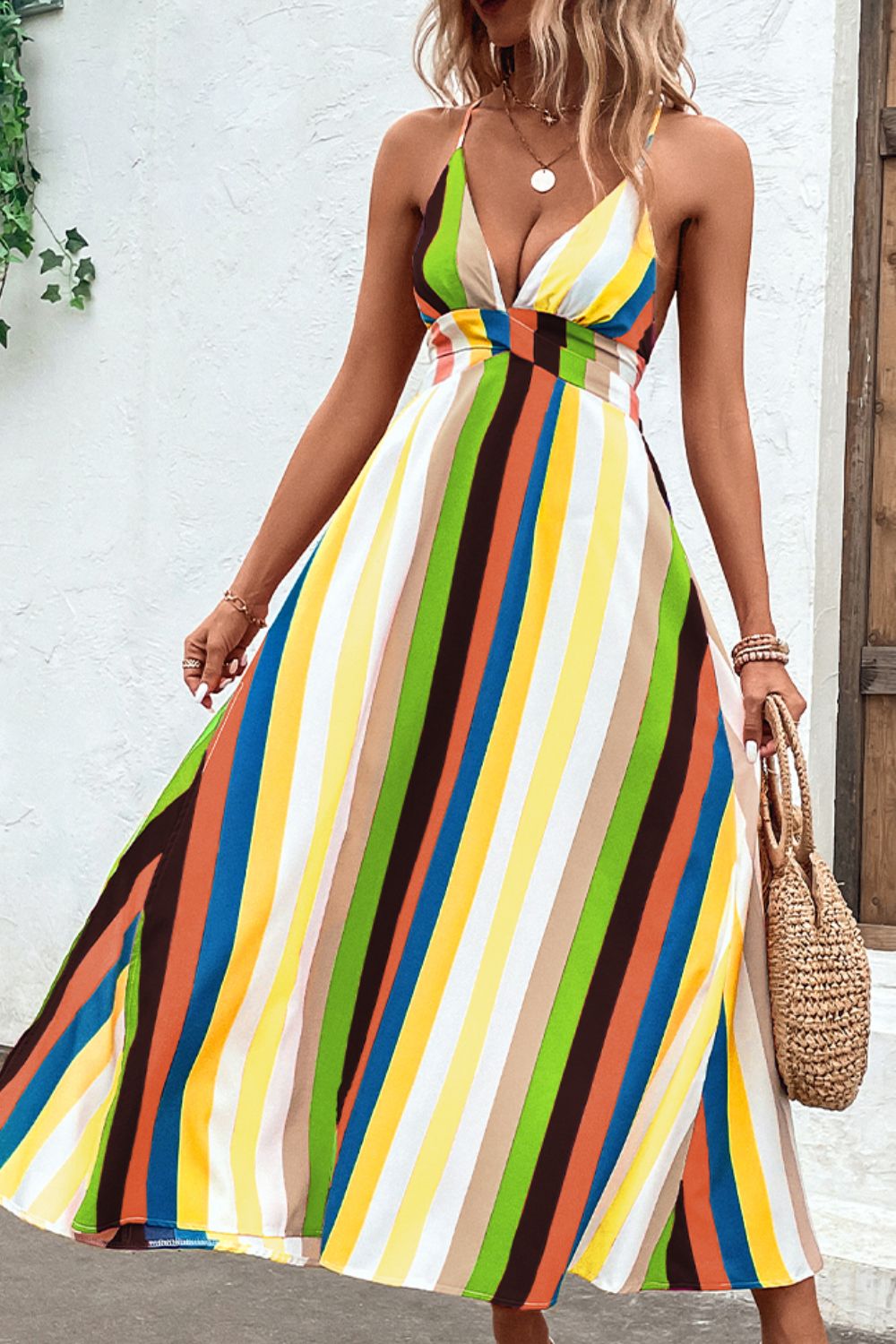 Multicolored Stripe Crisscross Backless Dress - Nicole Lee Apparel