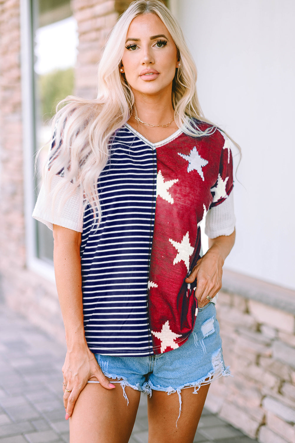 Multicolor Stripes Stars Print Knit Short Sleeves Top - Nicole Lee Apparel