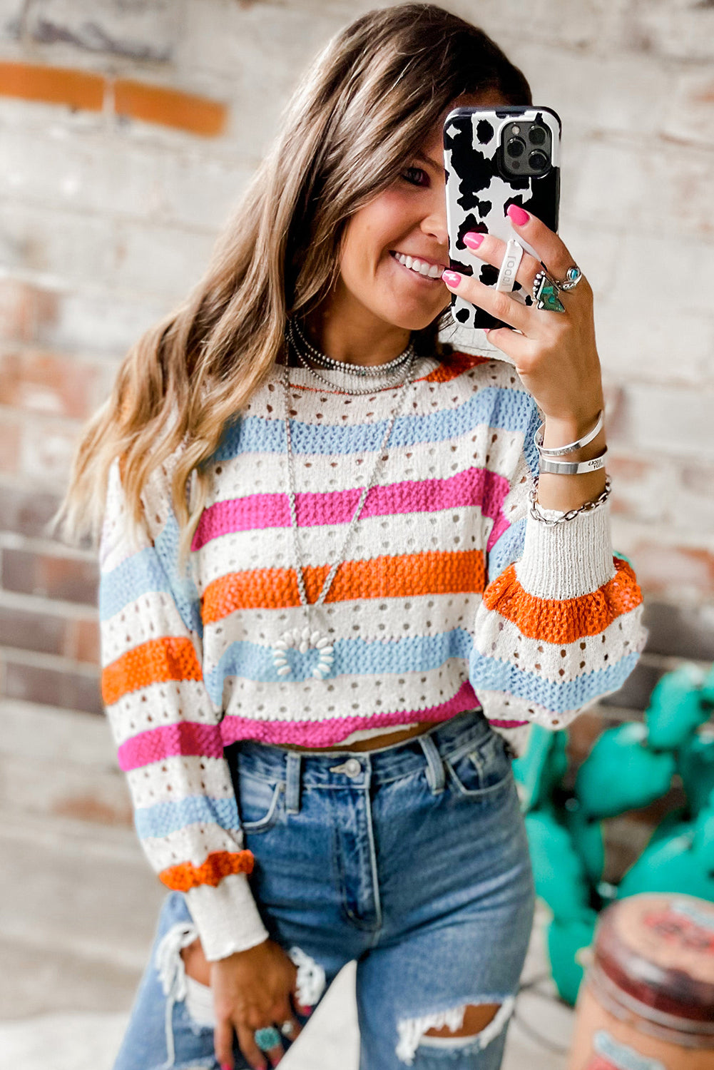 Multicolor Striped Hollowed Knitted Loose Sweater - Nicole Lee Apparel