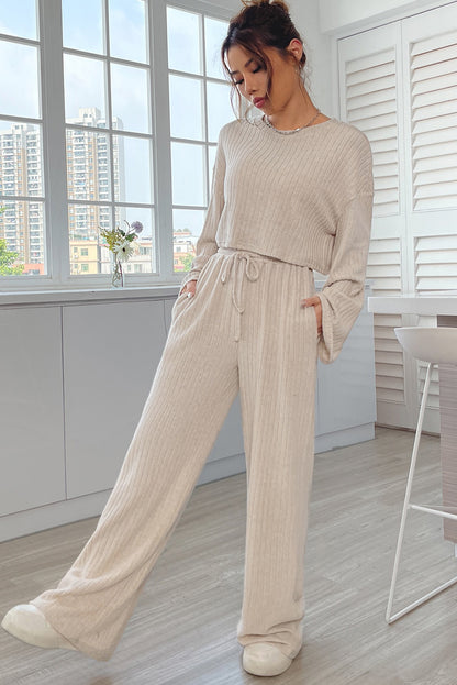 Plain Ribbed Loose Fit Two-Piece Lounge Set - Nicole Lee Apparel