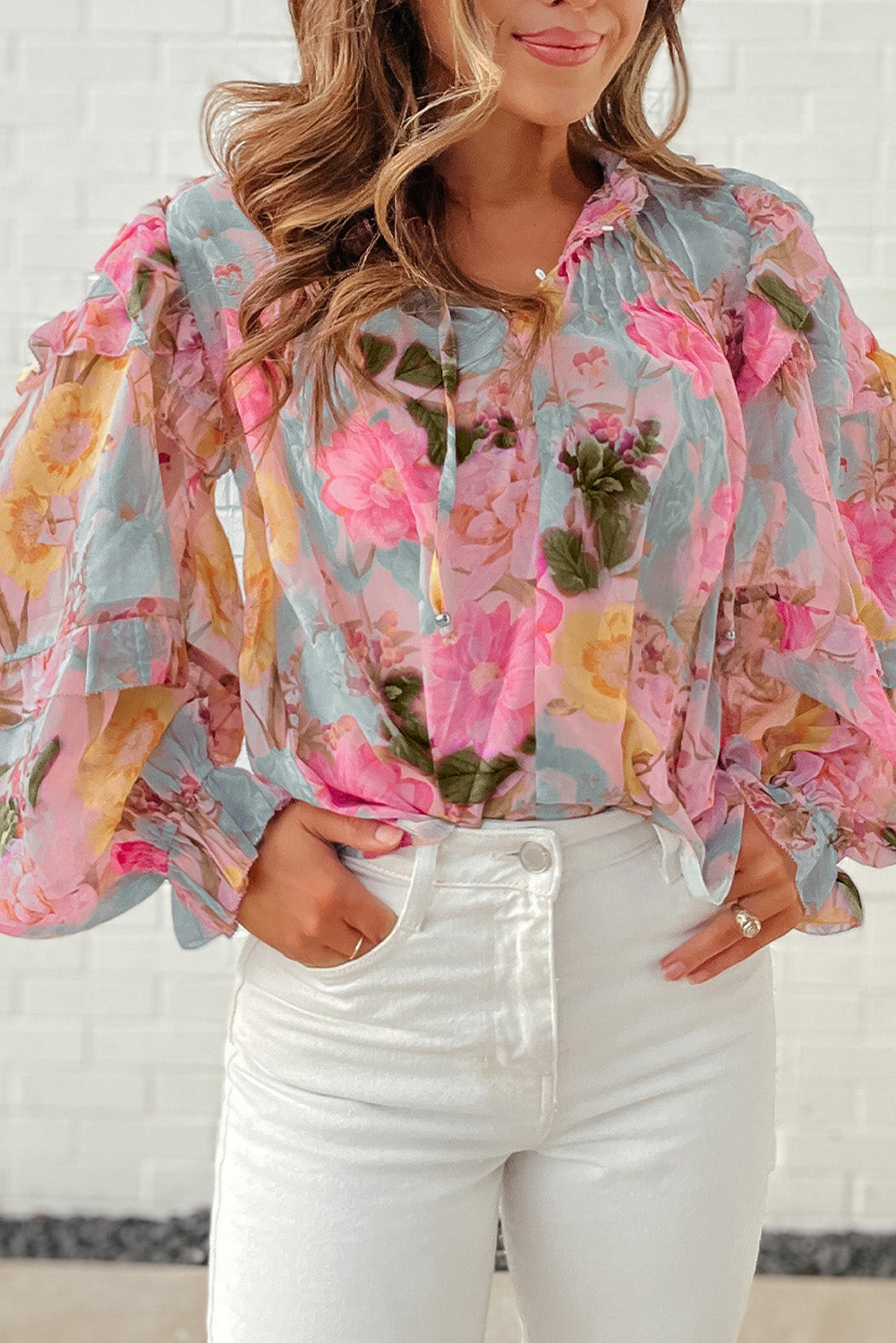 Pink Floral Print Tassel Tie Short Sleeve Blouse