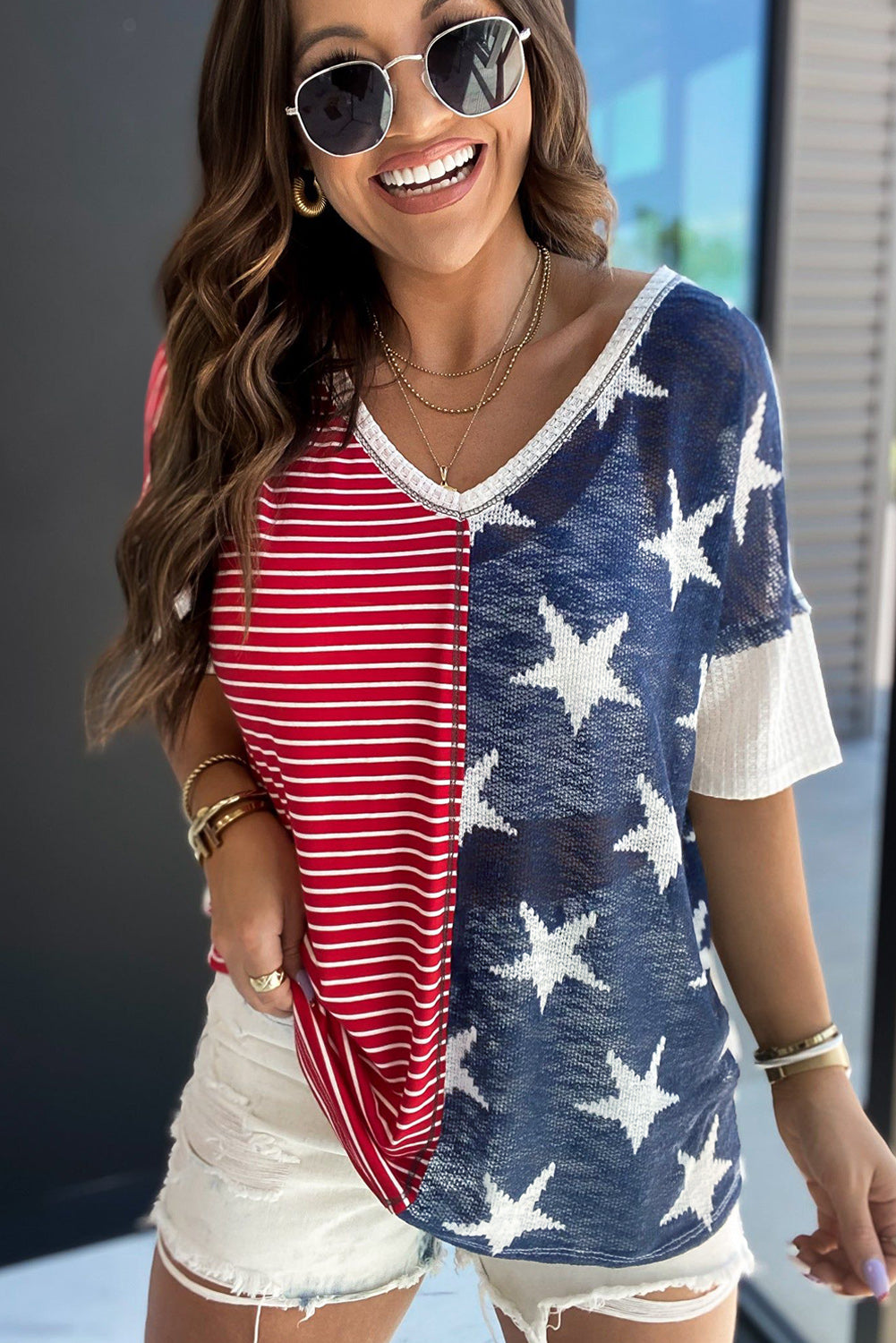 Multicolor Stripes Stars Print Knit Short Sleeves Top - Nicole Lee Apparel