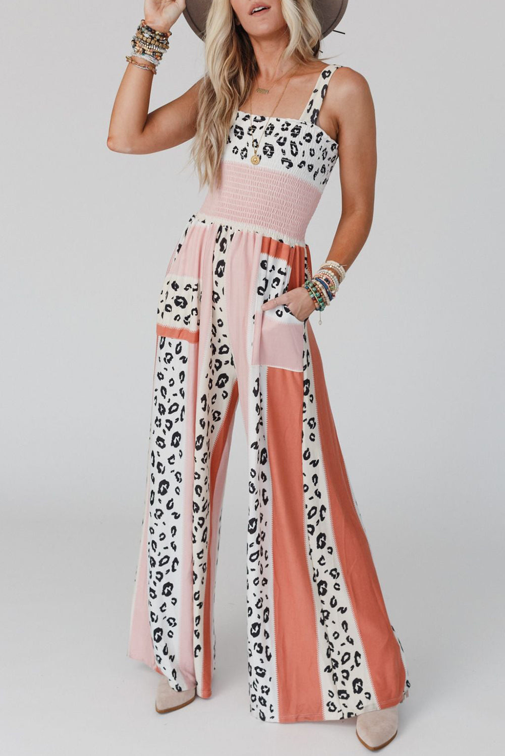 Pink Leopard Color Block Mix Print Pocketed Jumpsuit - Nicole Lee Apparel