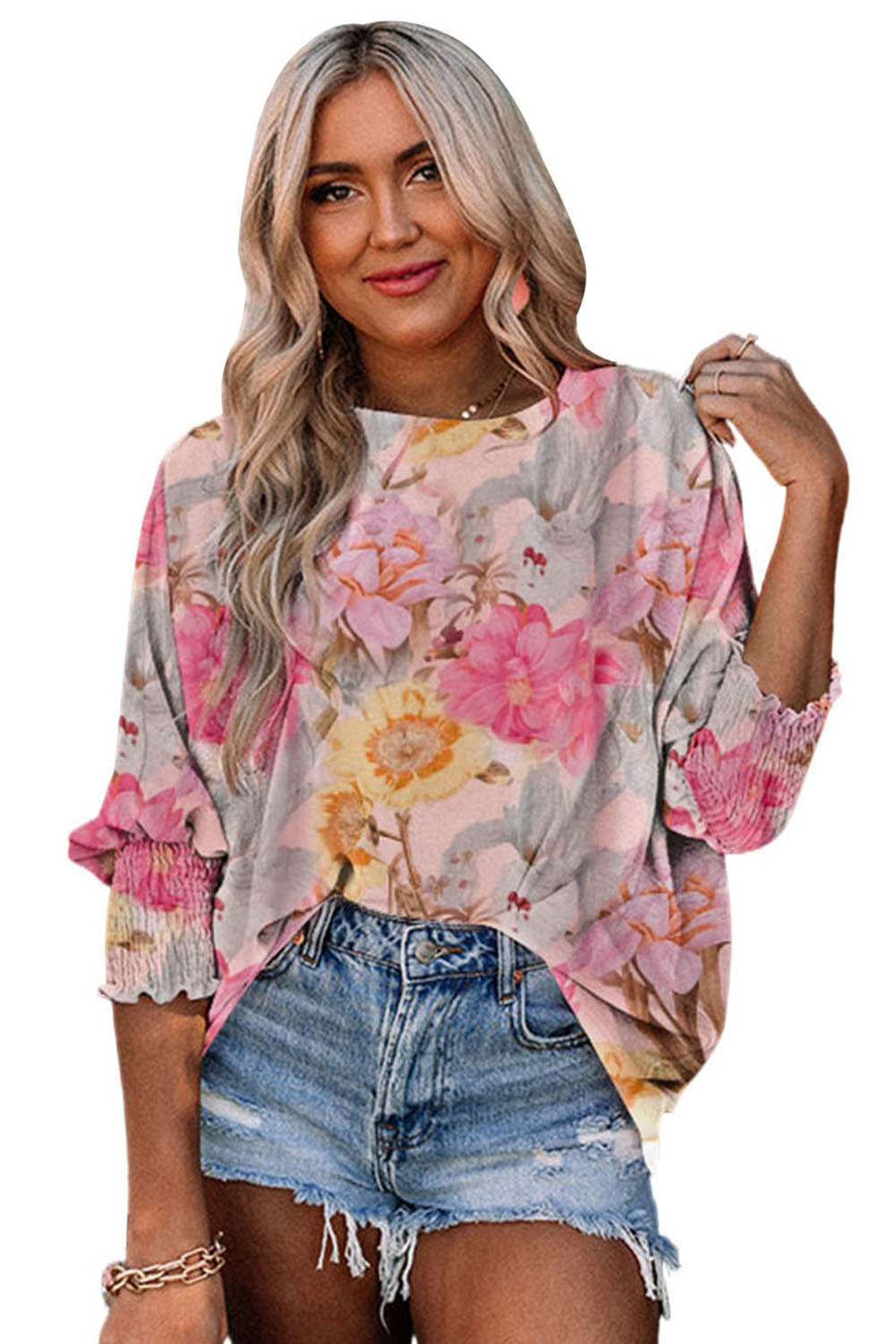 Pink Floral Print Tassel Tie Short Sleeve Blouse