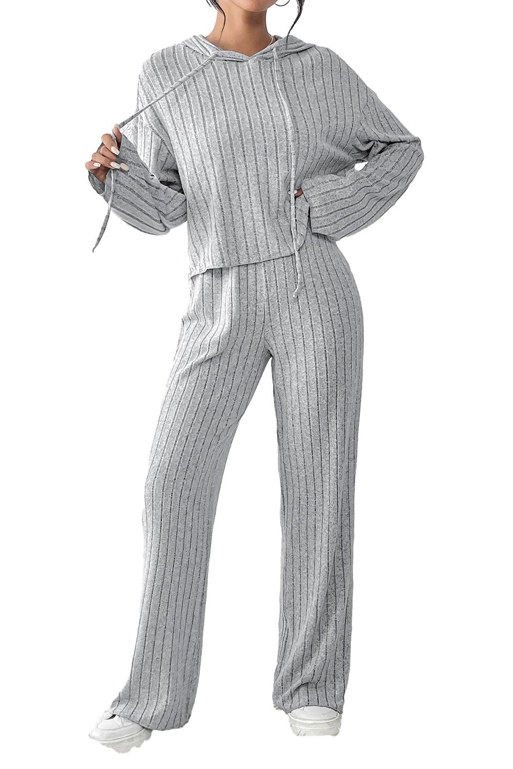 Plain Ribbed Loose Fit Two-Piece Lounge Set - Nicole Lee Apparel