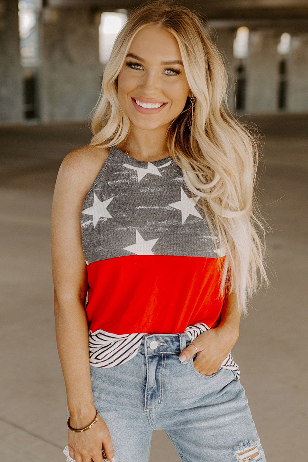 Multicolor American Flag Color Block Sleeveless Top - Nicole Lee Apparel