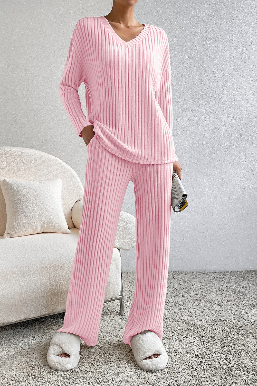 Plain Ribbed Loose Fit Two-Piece Lounge Set - Nicole Lee Apparel