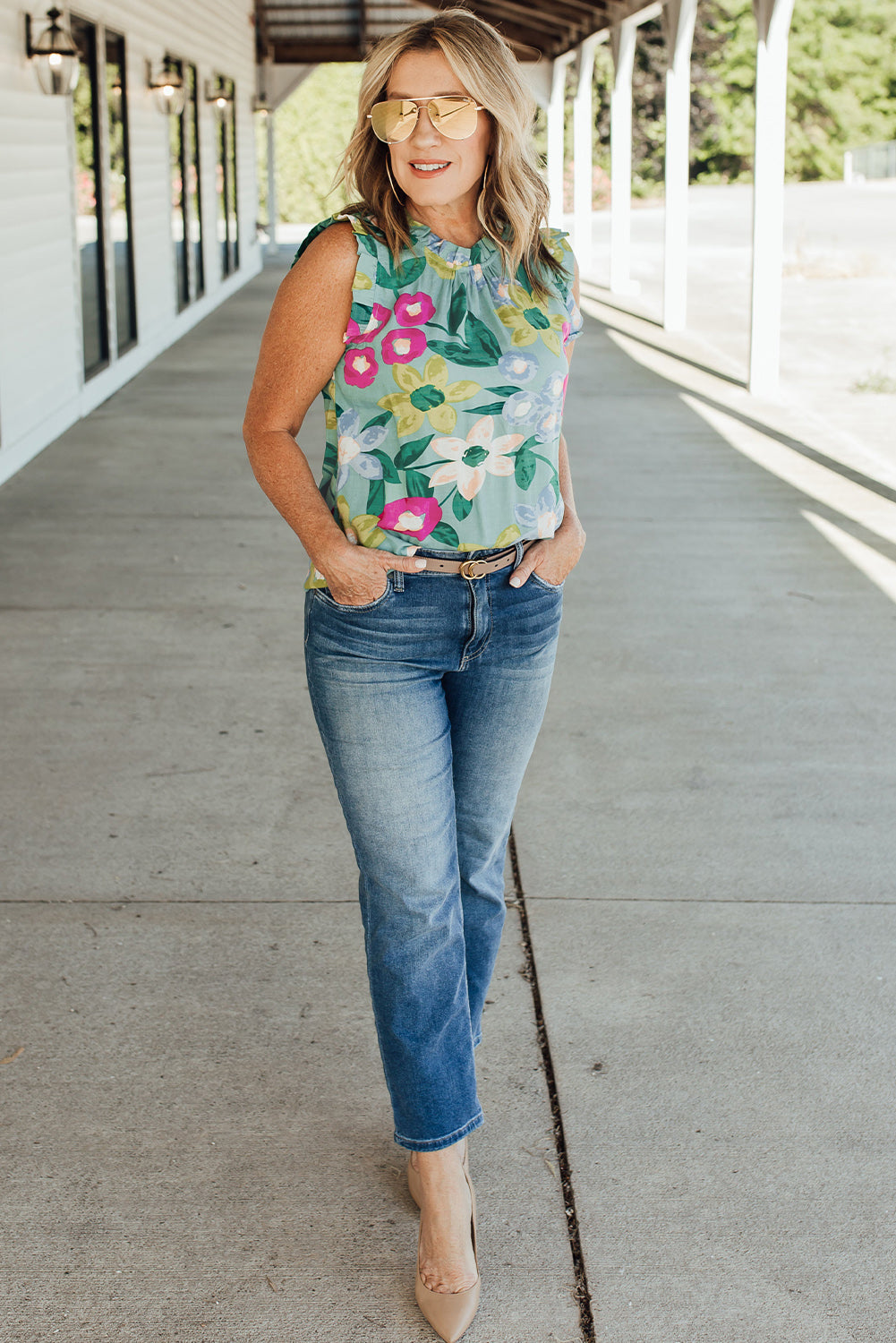 Green Floral Print Ruffle Trim Tank Top - Nicole Lee Apparel