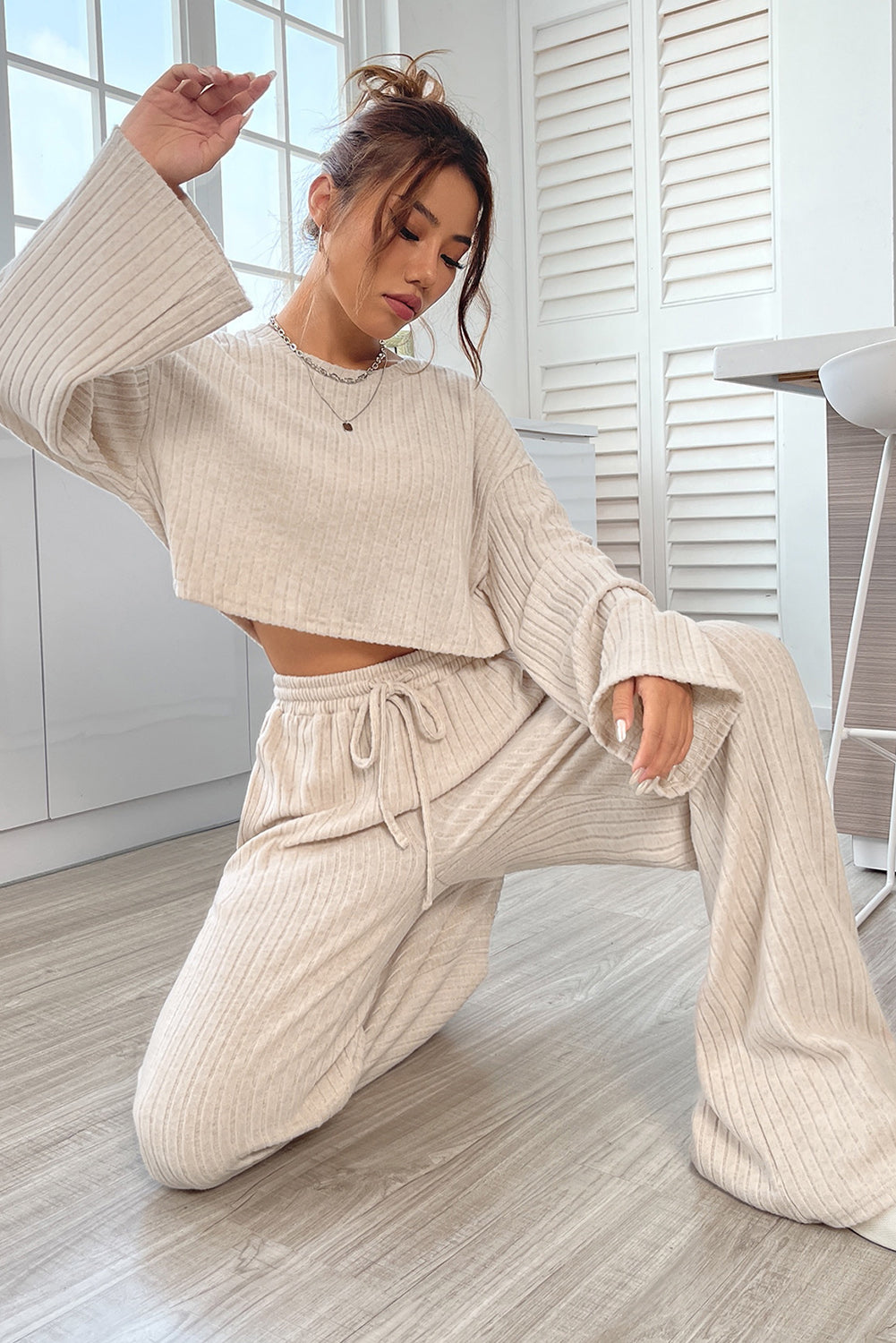 Plain Ribbed Loose Fit Two-Piece Lounge Set - Nicole Lee Apparel