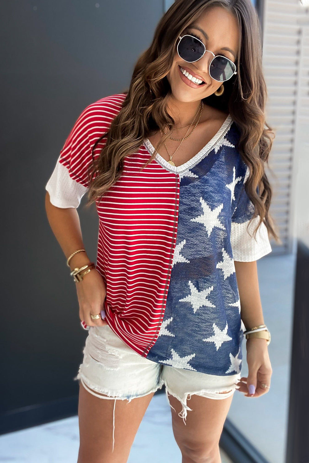 Multicolor Stripes Stars Print Knit Short Sleeves Top - Nicole Lee Apparel