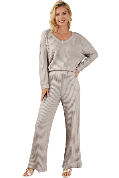 Plain Ribbed Loose Fit Two-Piece Lounge Set - Nicole Lee Apparel