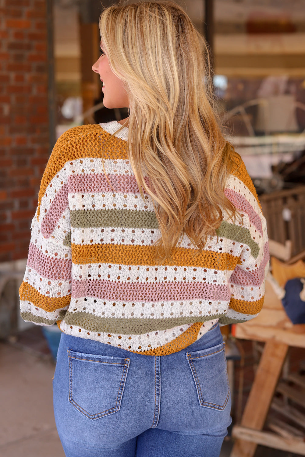 Multicolor Striped Hollowed Knitted Loose Sweater - Nicole Lee Apparel