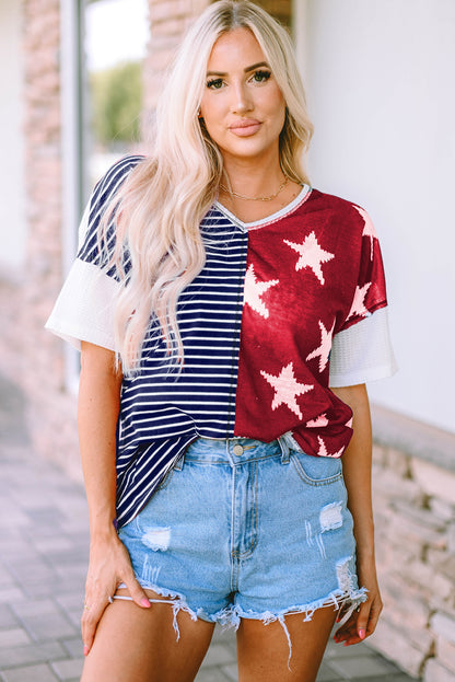 Multicolor Stripes Stars Print Knit Short Sleeves Top - Nicole Lee Apparel