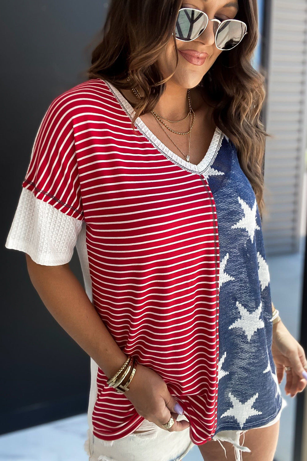 Multicolor Stripes Stars Print Knit Short Sleeves Top - Nicole Lee Apparel