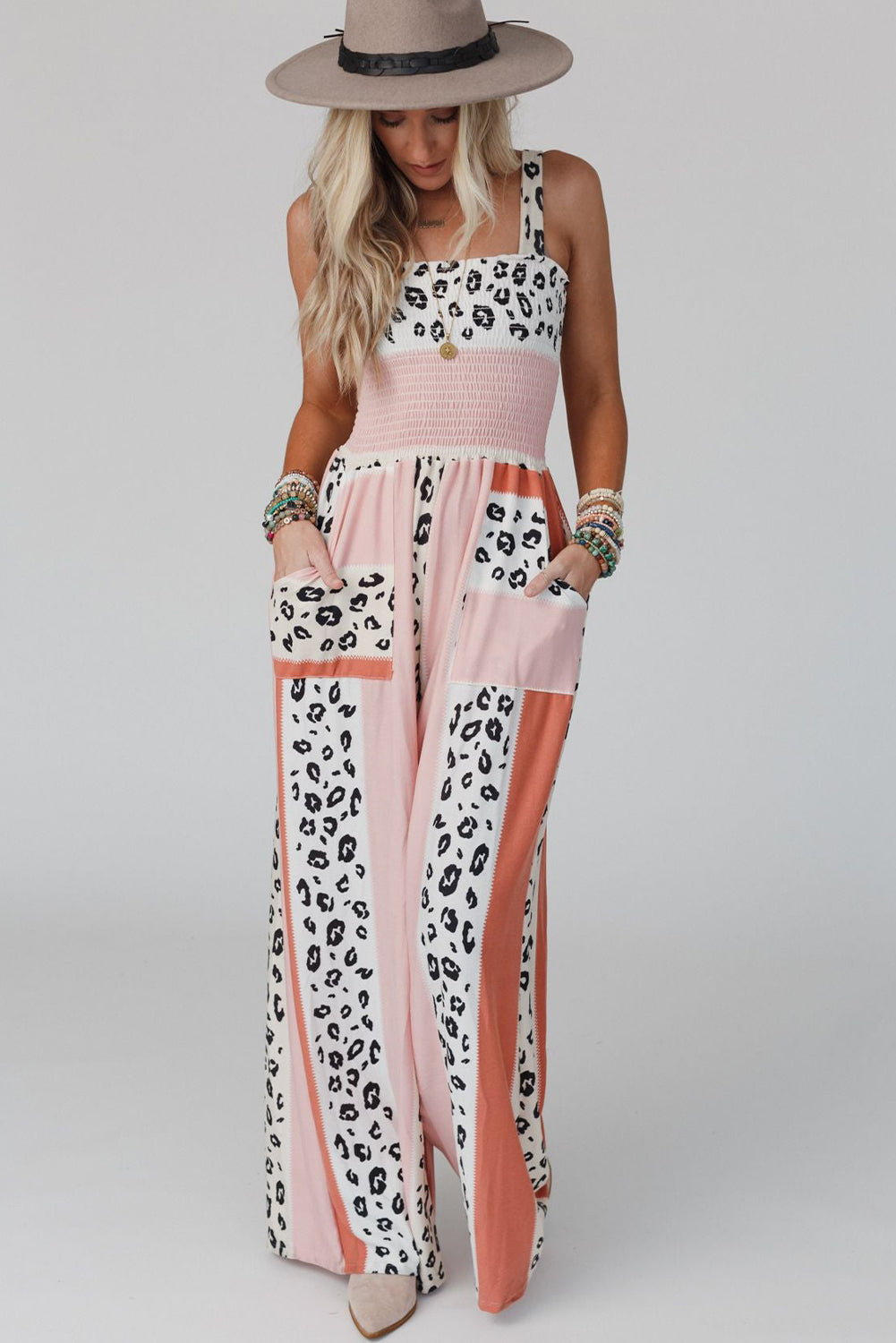 Pink Leopard Color Block Mix Print Pocketed Jumpsuit - Nicole Lee Apparel