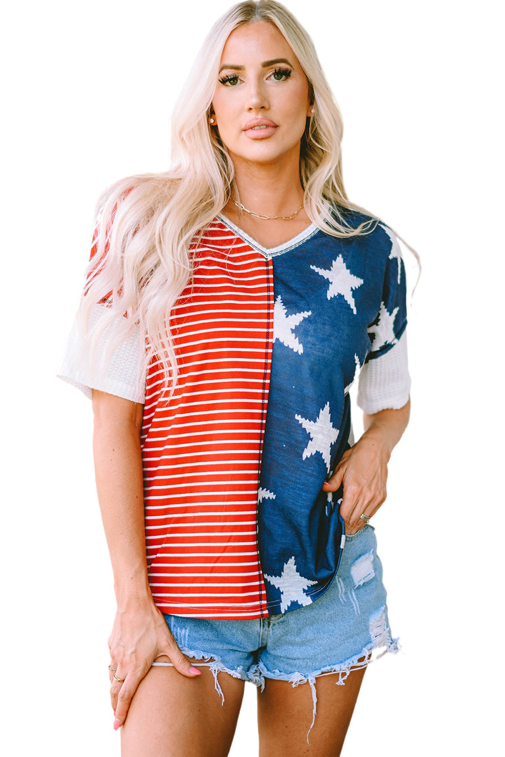 Multicolor Stripes Stars Print Knit Short Sleeves Top - Nicole Lee Apparel