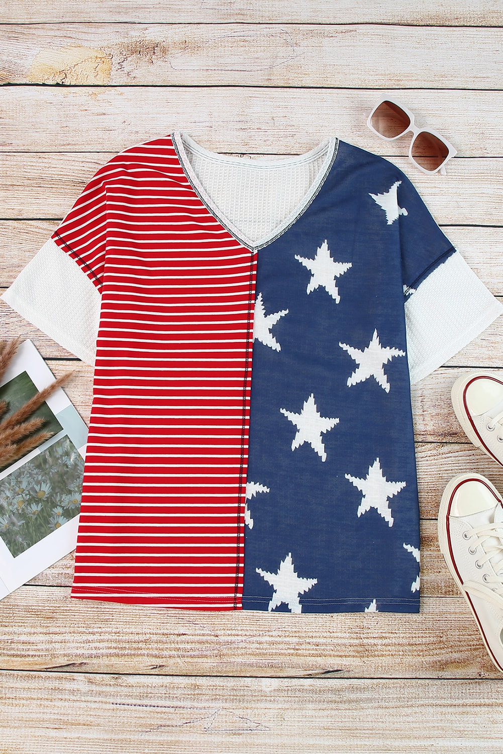 Multicolor Stripes Stars Print Knit Short Sleeves Top - Nicole Lee Apparel