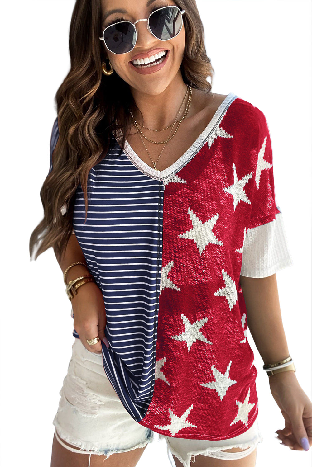 Multicolor Stripes Stars Print Knit Short Sleeves Top - Nicole Lee Apparel