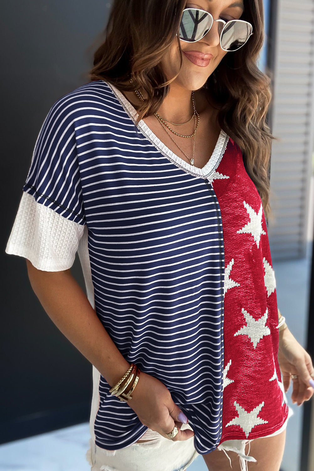 Multicolor Stripes Stars Print Knit Short Sleeves Top - Nicole Lee Apparel