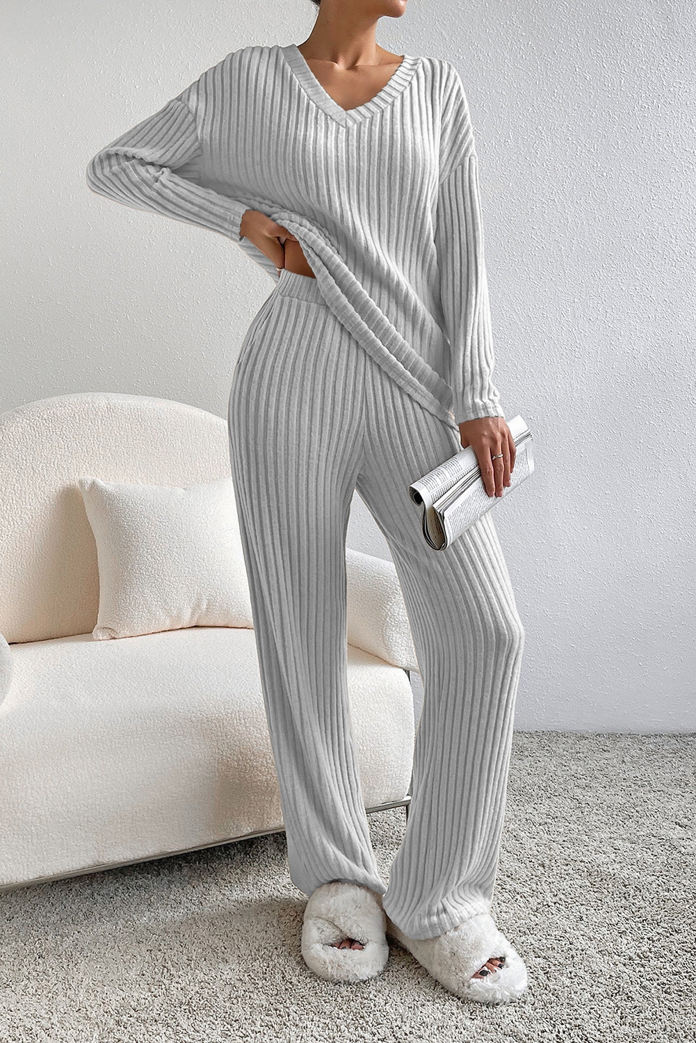 Plain Ribbed Loose Fit Two-Piece Lounge Set - Nicole Lee Apparel