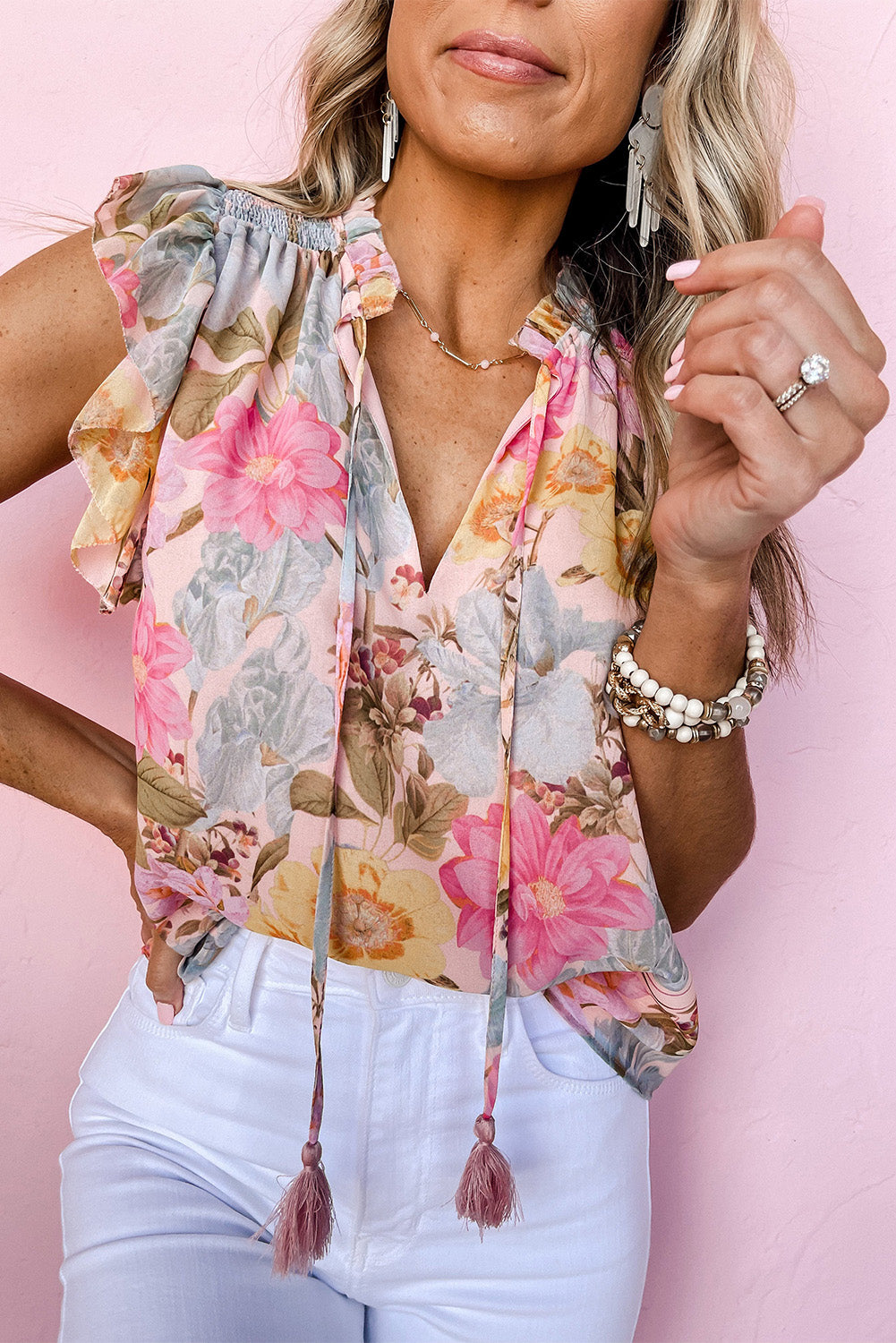 Pink Floral Print Tassel Tie Short Sleeve Blouse - Nicole Lee Apparel