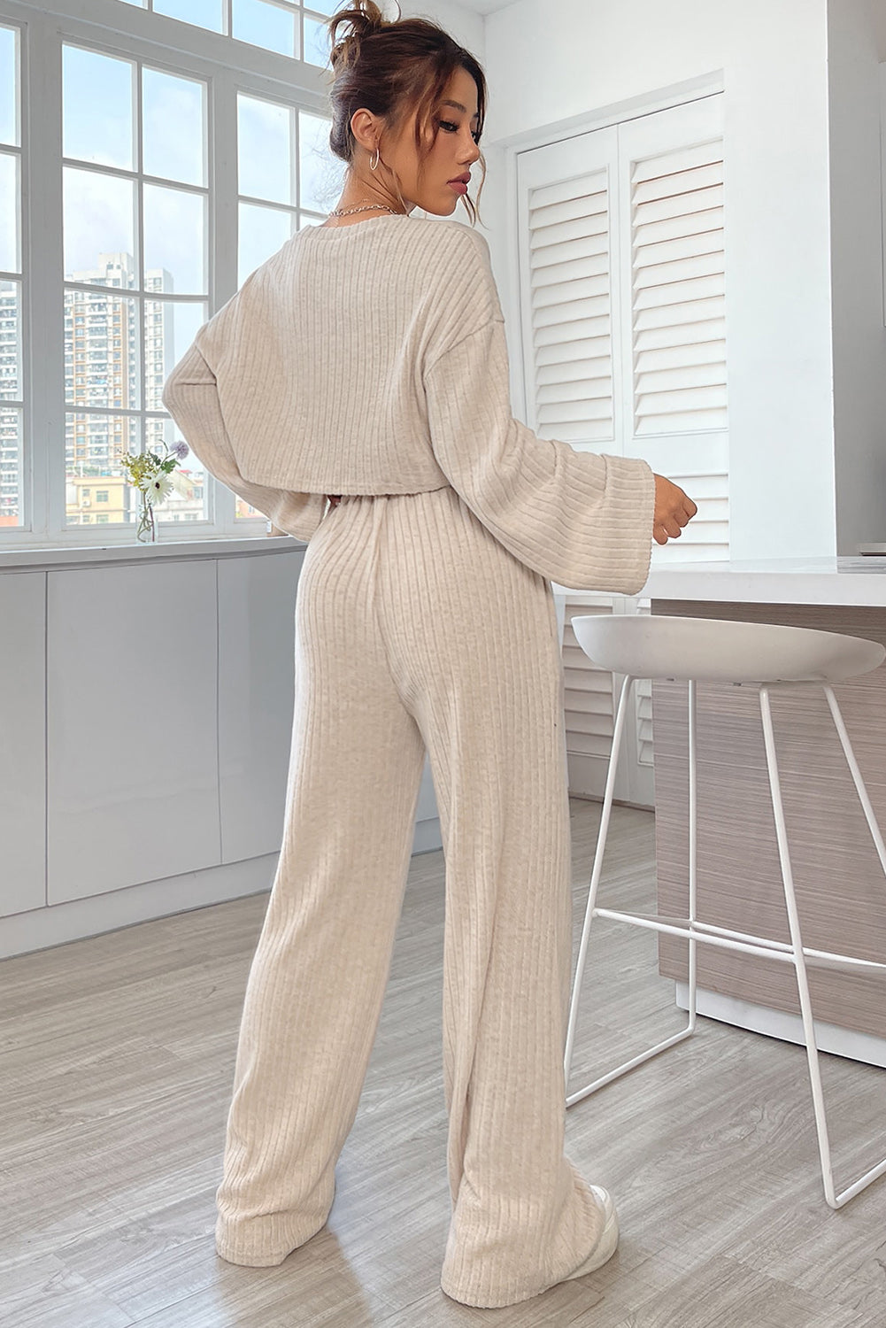 Plain Ribbed Loose Fit Two-Piece Lounge Set - Nicole Lee Apparel