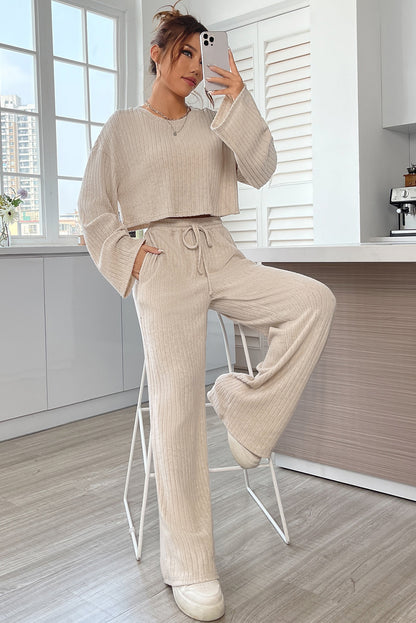 Plain Ribbed Loose Fit Two-Piece Lounge Set - Nicole Lee Apparel