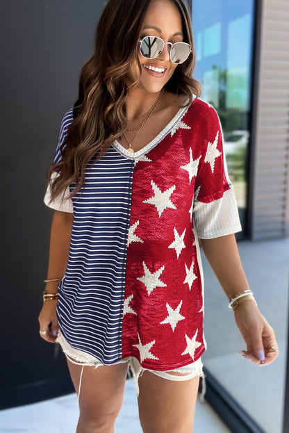 Multicolor Stripes Stars Print Knit Short Sleeves Top - Nicole Lee Apparel