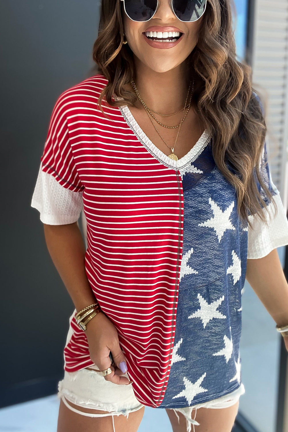 Multicolor Stripes Stars Print Knit Short Sleeves Top - Nicole Lee Apparel