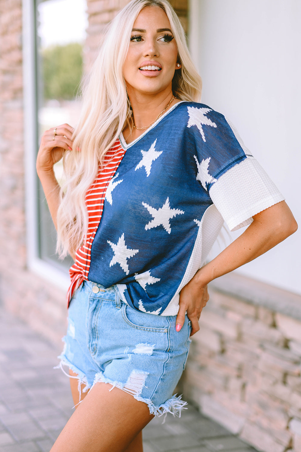 Multicolor Stripes Stars Print Knit Short Sleeves Top - Nicole Lee Apparel