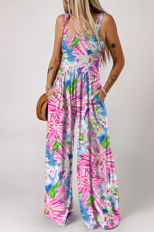 Pink Abstract Floral Painting Smocked Wide Leg Jumpsuit - Nicole Lee Apparel