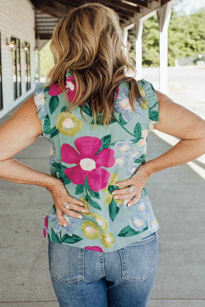 Green Floral Print Ruffle Trim Tank Top - Nicole Lee Apparel