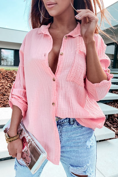 Pink Crinkle Texture Roll-tab Sleeve Shirt - Nicole Lee Apparel